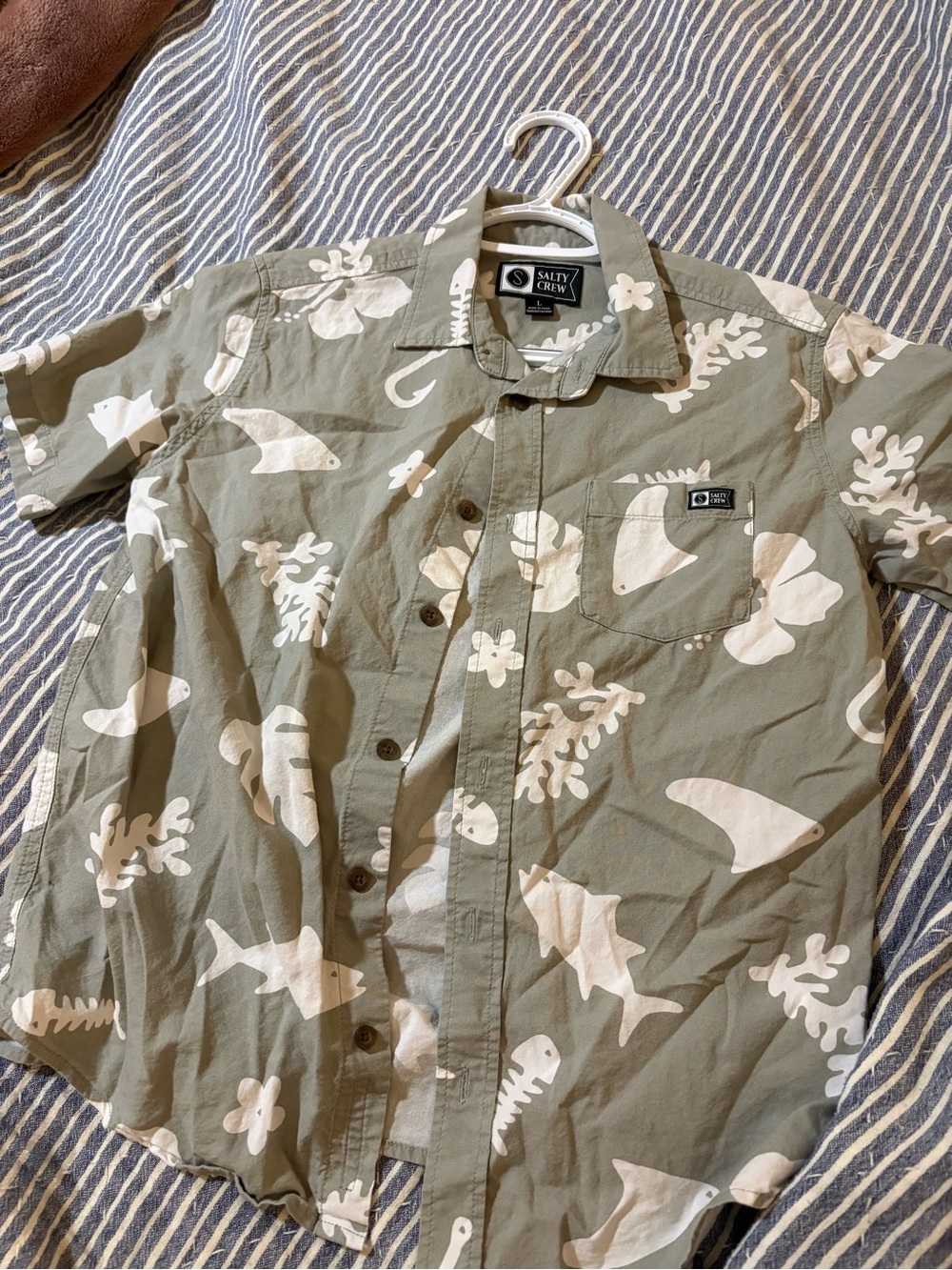 Salty Crew Sage Green Short-Sleeve Button-Down with White Marine Print